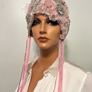 Wrap 1920s Hat Flapper Wedding Sequin dusty pink Antique style